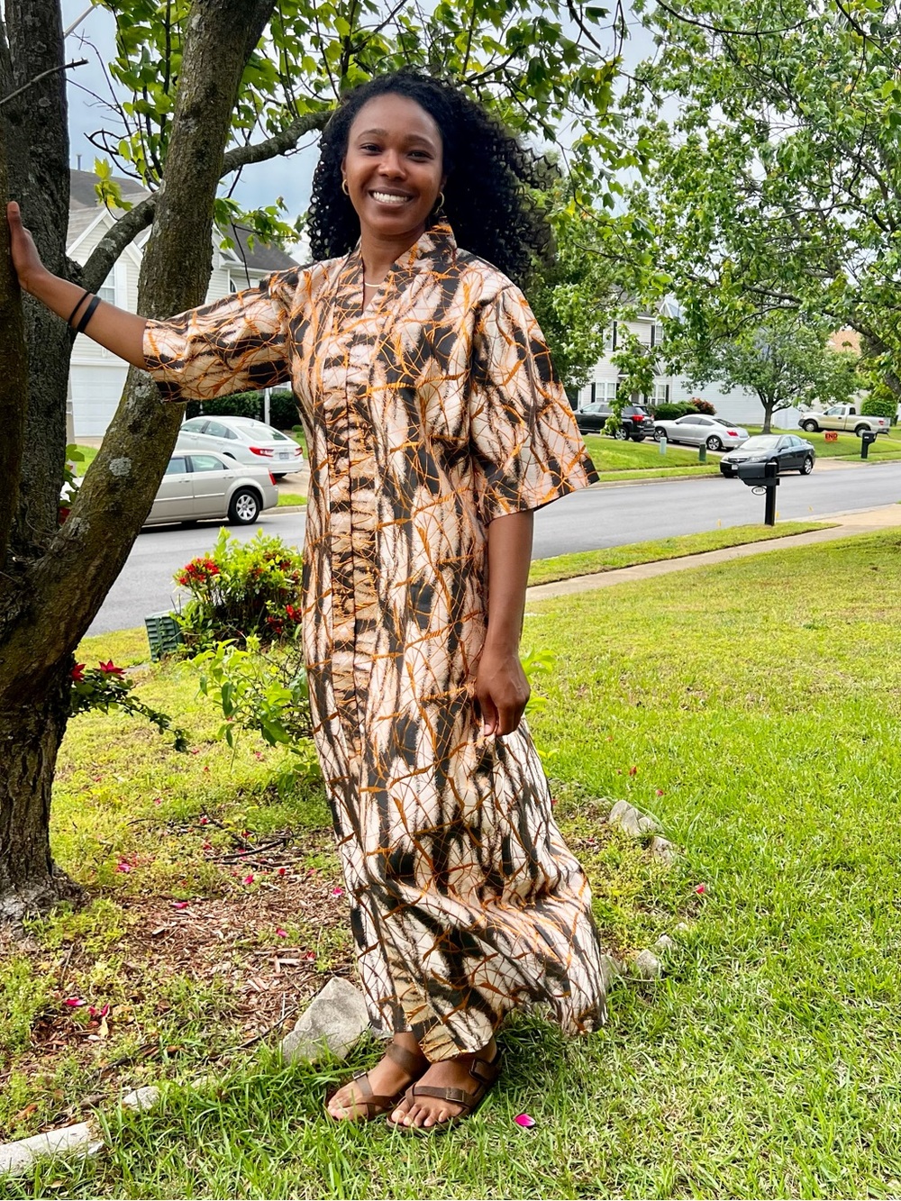Women's Brown & Cream Damask Brocade Patterned Maxi Dress